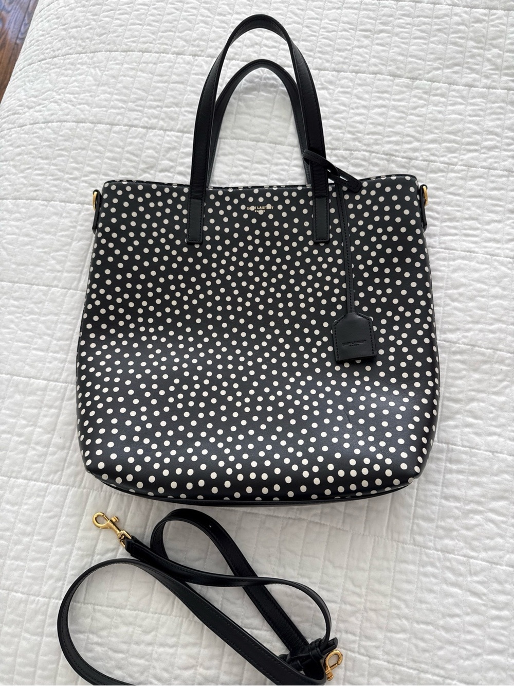 Saint Laurent Black Polka Dot Tote with Removable Strap